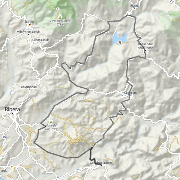 Miniatura della mappa di ispirazione al ciclismo "Scoperta panoramica in bicicletta" nella regione di Sicilia, Italy. Generata da Tarmacs.app, pianificatore di rotte ciclistiche