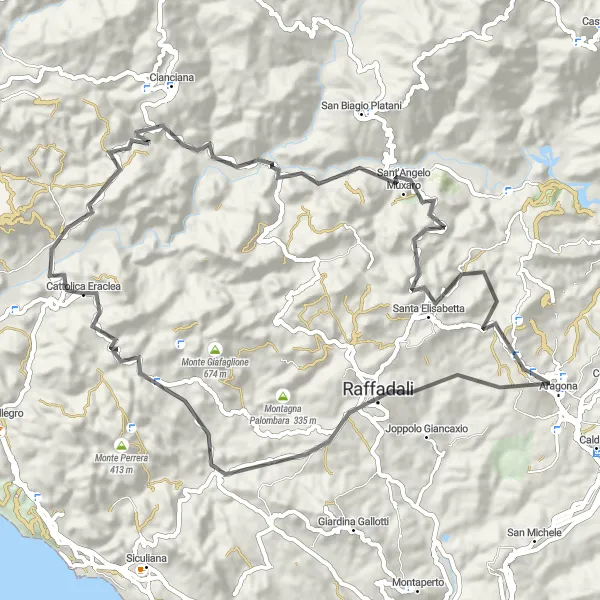 Miniatura della mappa di ispirazione al ciclismo "Giro in bicicletta da Cattolica Eraclea" nella regione di Sicilia, Italy. Generata da Tarmacs.app, pianificatore di rotte ciclistiche