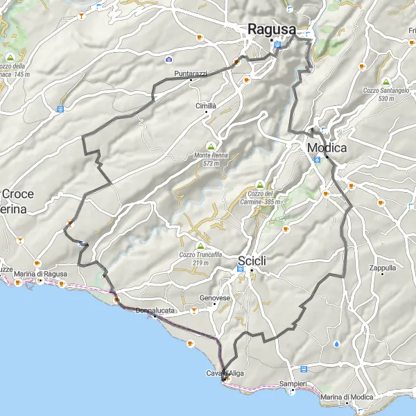 Map miniature of "Modica Escapade" cycling inspiration in Sicilia, Italy. Generated by Tarmacs.app cycling route planner