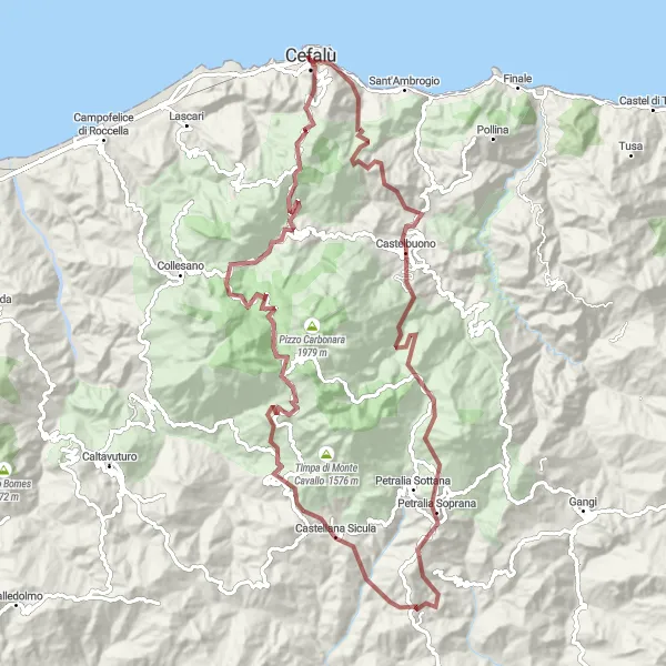 Map miniature of "Cefalù Gravel and History" cycling inspiration in Sicilia, Italy. Generated by Tarmacs.app cycling route planner