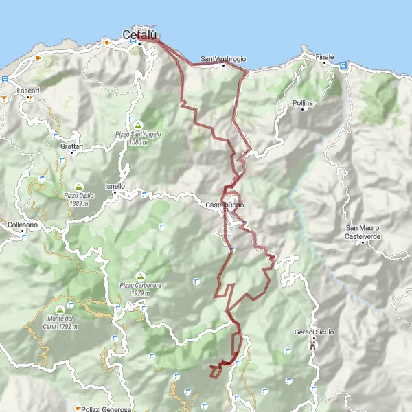 Map miniature of "Caves and Heights of Cefalù" cycling inspiration in Sicilia, Italy. Generated by Tarmacs.app cycling route planner