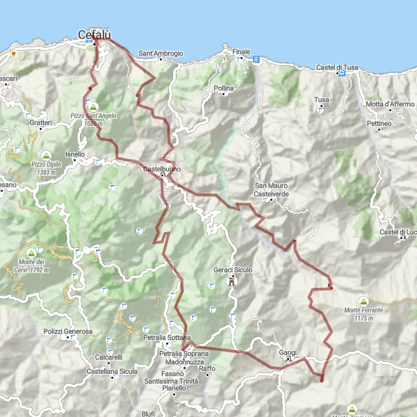 Map miniature of "Cefalù Gravel Adventure" cycling inspiration in Sicilia, Italy. Generated by Tarmacs.app cycling route planner