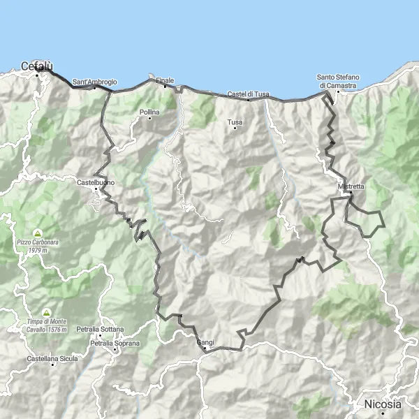 Miniatura della mappa di ispirazione al ciclismo "Percorso panoramico tra monti e borghi siciliani" nella regione di Sicilia, Italy. Generata da Tarmacs.app, pianificatore di rotte ciclistiche