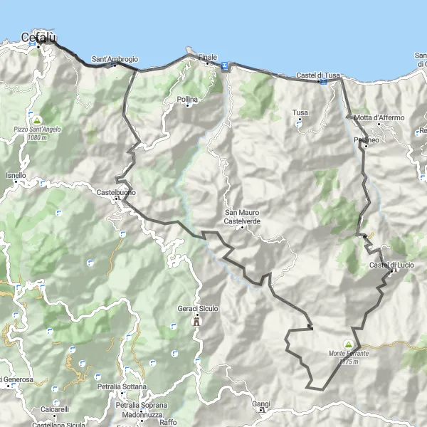 Miniatura della mappa di ispirazione al ciclismo "Giro delle Montagne di Cefalù" nella regione di Sicilia, Italy. Generata da Tarmacs.app, pianificatore di rotte ciclistiche