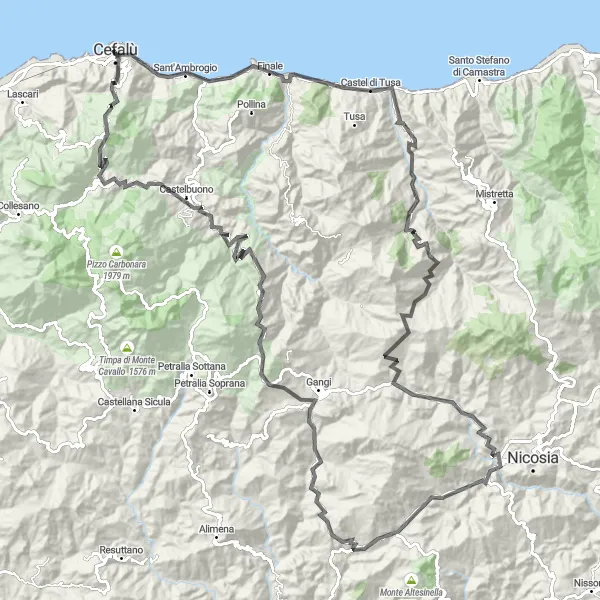 Miniatura della mappa di ispirazione al ciclismo "Cefalù - Gangi - Petralia Soprana" nella regione di Sicilia, Italy. Generata da Tarmacs.app, pianificatore di rotte ciclistiche