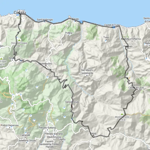 Map miniature of "Mountains and Coastline" cycling inspiration in Sicilia, Italy. Generated by Tarmacs.app cycling route planner