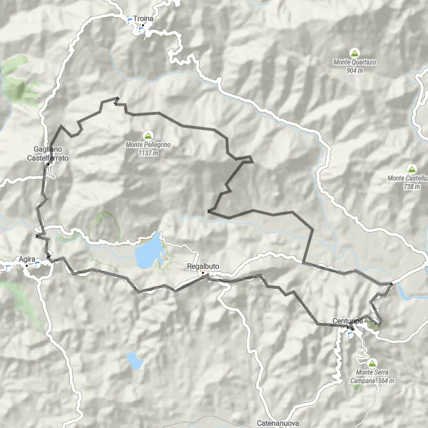 Map miniature of "Mountain Challenge: Monte Serrone" cycling inspiration in Sicilia, Italy. Generated by Tarmacs.app cycling route planner