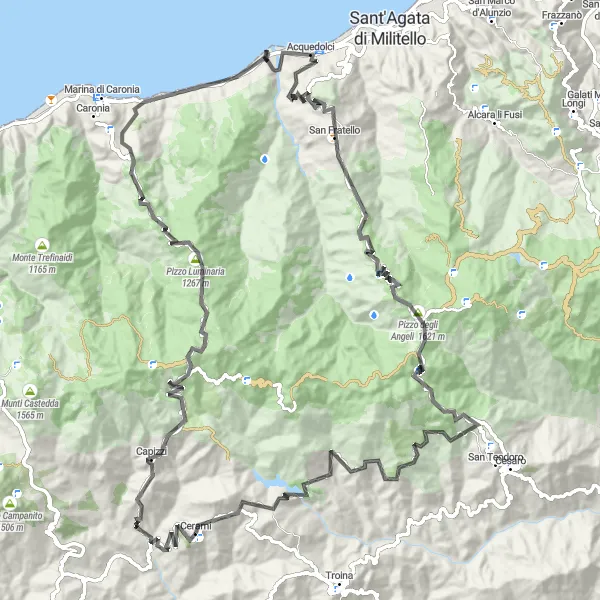 Map miniature of "Via the Mountains of Cerami" cycling inspiration in Sicilia, Italy. Generated by Tarmacs.app cycling route planner