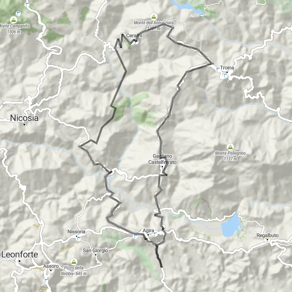 Map miniature of "Explore the Scenic Road Routes near Cerami" cycling inspiration in Sicilia, Italy. Generated by Tarmacs.app cycling route planner