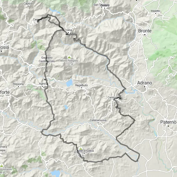 Map miniature of "Sicilian Peaks and Valleys" cycling inspiration in Sicilia, Italy. Generated by Tarmacs.app cycling route planner