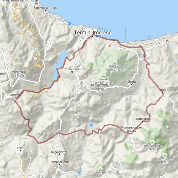 Miniatura della mappa di ispirazione al ciclismo "Giro in bicicletta intorno a Cerda" nella regione di Sicilia, Italy. Generata da Tarmacs.app, pianificatore di rotte ciclistiche