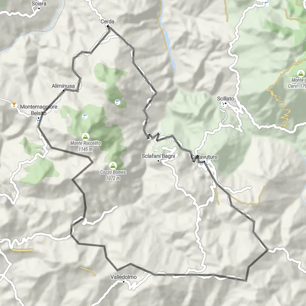 Map miniature of "Caltavuturo Loop: A Road Cycling Adventure" cycling inspiration in Sicilia, Italy. Generated by Tarmacs.app cycling route planner