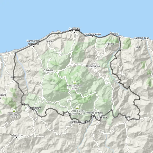 Map miniature of "Architectural Marvels and Scenic Landscapes: Cerda to Cefalù" cycling inspiration in Sicilia, Italy. Generated by Tarmacs.app cycling route planner