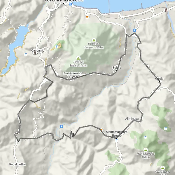 Map miniature of "Serene Scenery and Hidden Gems: Discovering Sciara" cycling inspiration in Sicilia, Italy. Generated by Tarmacs.app cycling route planner