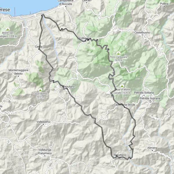 Miniatura della mappa di ispirazione al ciclismo "Giro in bicicletta da Cerda" nella regione di Sicilia, Italy. Generata da Tarmacs.app, pianificatore di rotte ciclistiche