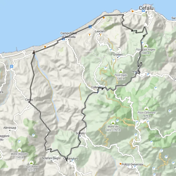 Miniatura della mappa di ispirazione al ciclismo "Cerda - Isnello Road Cycling Route" nella regione di Sicilia, Italy. Generata da Tarmacs.app, pianificatore di rotte ciclistiche