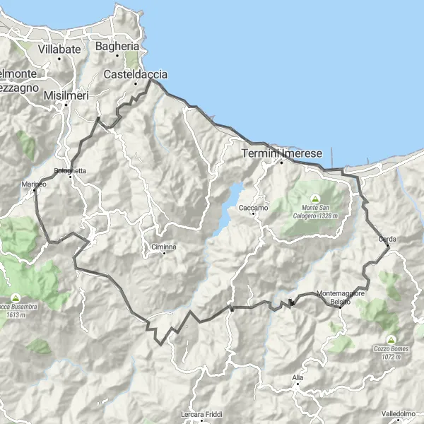 Map miniature of "Cerda to Pizzo Cameccia" cycling inspiration in Sicilia, Italy. Generated by Tarmacs.app cycling route planner