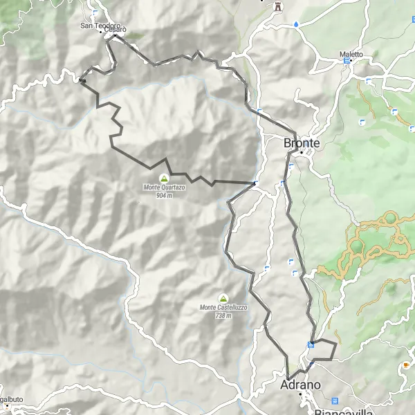 Miniatura della mappa di ispirazione al ciclismo "Giro in bici su strada da Cesarò a Borgo Salvatore Giuliano" nella regione di Sicilia, Italy. Generata da Tarmacs.app, pianificatore di rotte ciclistiche