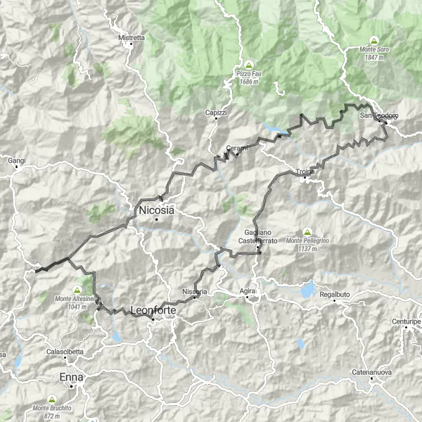 Miniatura della mappa di ispirazione al ciclismo "Avventura in bicicletta da Cesarò a San Teodoro e ritorno" nella regione di Sicilia, Italy. Generata da Tarmacs.app, pianificatore di rotte ciclistiche