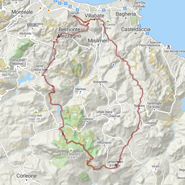 Miniatura della mappa di ispirazione al ciclismo "Ficuzza Adventure Ride" nella regione di Sicilia, Italy. Generata da Tarmacs.app, pianificatore di rotte ciclistiche