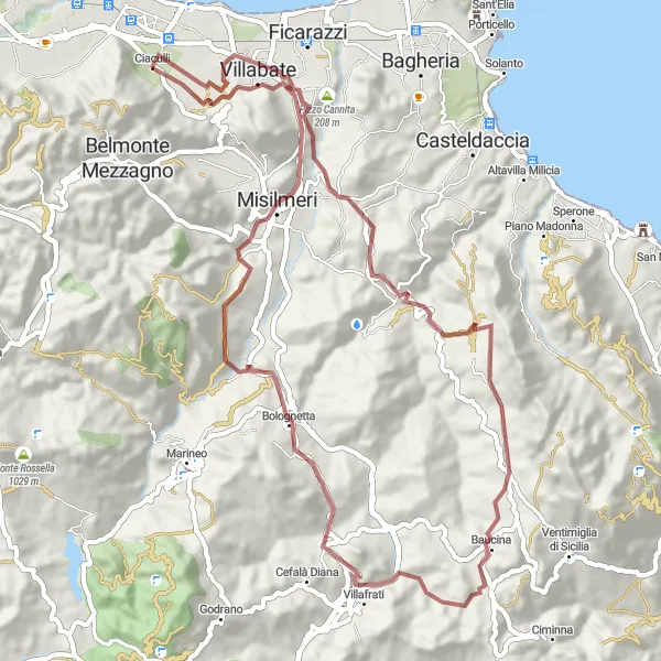 Miniatura della mappa di ispirazione al ciclismo "Monte Falcone Loop" nella regione di Sicilia, Italy. Generata da Tarmacs.app, pianificatore di rotte ciclistiche