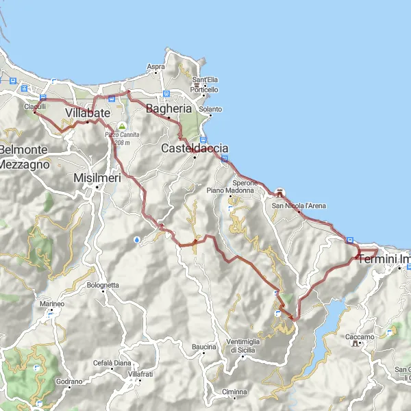 Miniatura della mappa di ispirazione al ciclismo "Avventura gravel tra Ficarazzi e Portella di Mare" nella regione di Sicilia, Italy. Generata da Tarmacs.app, pianificatore di rotte ciclistiche