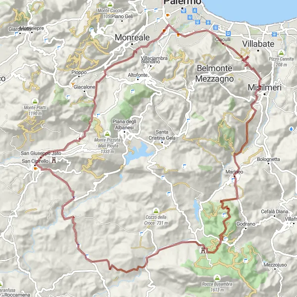Miniatura della mappa di ispirazione al ciclismo "Monte Scalia Challenge Circuit" nella regione di Sicilia, Italy. Generata da Tarmacs.app, pianificatore di rotte ciclistiche