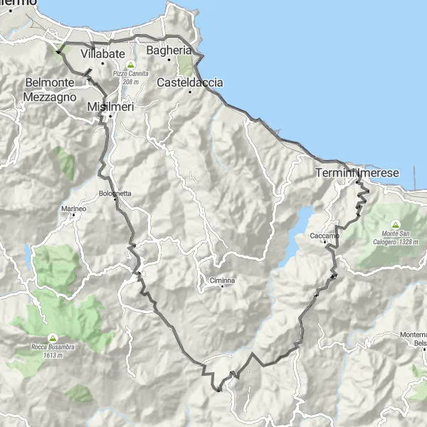 Miniatura della mappa di ispirazione al ciclismo "Giro panoramico tra Ficarazzi e Gibilrossa" nella regione di Sicilia, Italy. Generata da Tarmacs.app, pianificatore di rotte ciclistiche