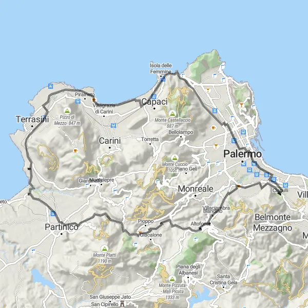 Miniatura della mappa di ispirazione al ciclismo "Terrasini Trail Adventure" nella regione di Sicilia, Italy. Generata da Tarmacs.app, pianificatore di rotte ciclistiche
