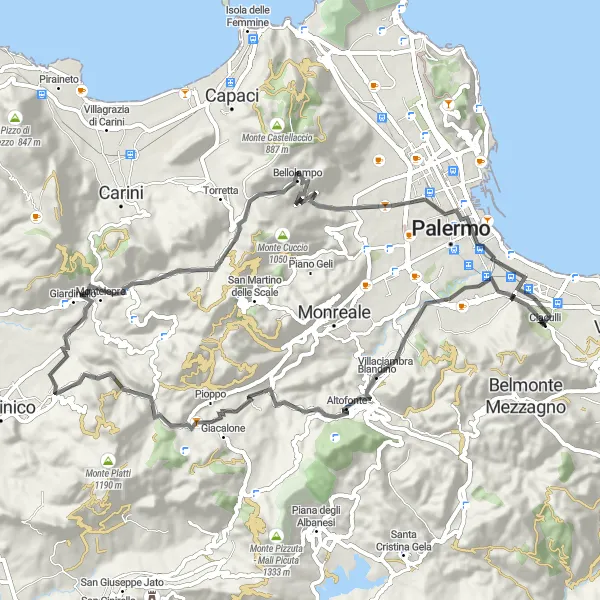 Map miniature of "Exploring the Countryside" cycling inspiration in Sicilia, Italy. Generated by Tarmacs.app cycling route planner