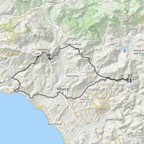 Miniatura della mappa di ispirazione al ciclismo "Scoperta delle Colline in Bicicletta" nella regione di Sicilia, Italy. Generata da Tarmacs.app, pianificatore di rotte ciclistiche
