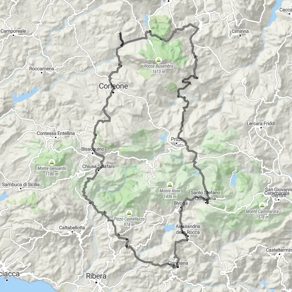 Miniatura della mappa di ispirazione al ciclismo "Giro in bicicletta tra Monte Peloso e Cozzo Arcuri" nella regione di Sicilia, Italy. Generata da Tarmacs.app, pianificatore di rotte ciclistiche