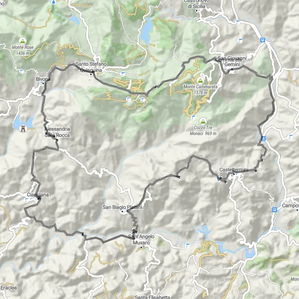 Miniatura della mappa di ispirazione al ciclismo "Giro in bicicletta attraverso Cozzo Scibè e La Montagnola" nella regione di Sicilia, Italy. Generata da Tarmacs.app, pianificatore di rotte ciclistiche