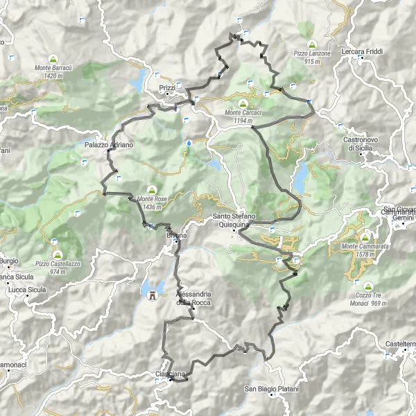 Miniatura della mappa di ispirazione al ciclismo "Avventura in bicicletta verso Monte Lordichella e Pizzo del Corvo" nella regione di Sicilia, Italy. Generata da Tarmacs.app, pianificatore di rotte ciclistiche