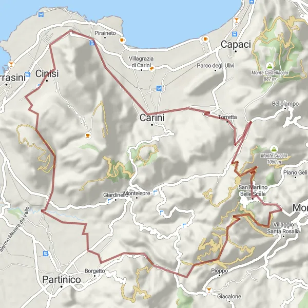 Miniatura della mappa di ispirazione al ciclismo "Gravel tra Cinisi e Borgetto" nella regione di Sicilia, Italy. Generata da Tarmacs.app, pianificatore di rotte ciclistiche