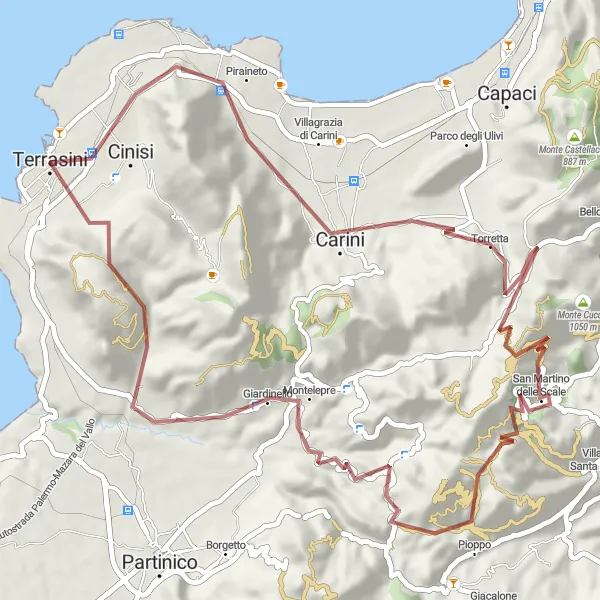 Map miniature of "Off-the-Beaten Gravel" cycling inspiration in Sicilia, Italy. Generated by Tarmacs.app cycling route planner