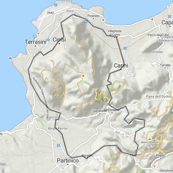 Miniatura della mappa di ispirazione al ciclismo "Tra Colline e Mare" nella regione di Sicilia, Italy. Generata da Tarmacs.app, pianificatore di rotte ciclistiche