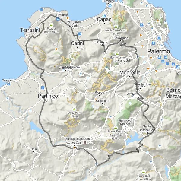 Map miniature of "The Mountain Challenge" cycling inspiration in Sicilia, Italy. Generated by Tarmacs.app cycling route planner