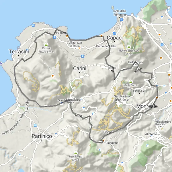 Miniatura della mappa di ispirazione al ciclismo "Road tra Torretta e Cinisi" nella regione di Sicilia, Italy. Generata da Tarmacs.app, pianificatore di rotte ciclistiche