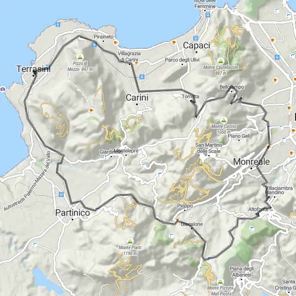Map miniature of "Carini and Torre Fanara Loop" cycling inspiration in Sicilia, Italy. Generated by Tarmacs.app cycling route planner