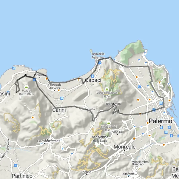 Miniatura della mappa di ispirazione al ciclismo "Road da Cinisi a Palermo" nella regione di Sicilia, Italy. Generata da Tarmacs.app, pianificatore di rotte ciclistiche