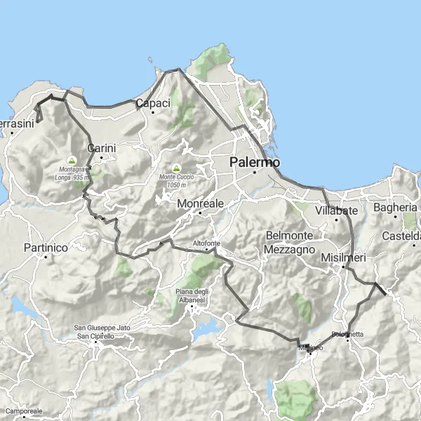 Map miniature of "Challenging Hill Towns: Capaci and Santa Cristina Gela" cycling inspiration in Sicilia, Italy. Generated by Tarmacs.app cycling route planner