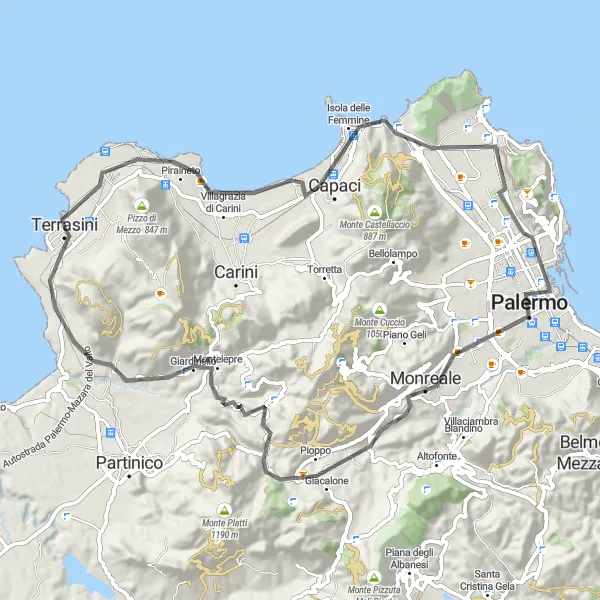 Miniatura della mappa di ispirazione al ciclismo "Road tra Terrasini e Torre Fanara" nella regione di Sicilia, Italy. Generata da Tarmacs.app, pianificatore di rotte ciclistiche