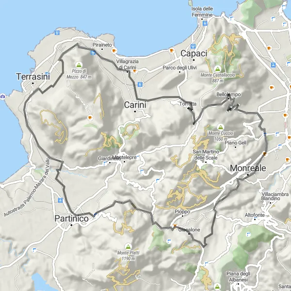 Map miniature of "Scenic Coastal Ride" cycling inspiration in Sicilia, Italy. Generated by Tarmacs.app cycling route planner