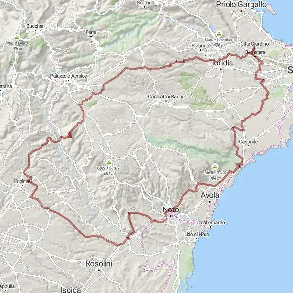 Miniatura della mappa di ispirazione al ciclismo "Avventura Gravel tra Noto e Cava dei Servi" nella regione di Sicilia, Italy. Generata da Tarmacs.app, pianificatore di rotte ciclistiche