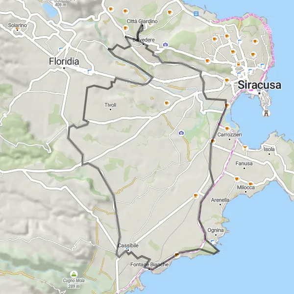 Map miniature of "Scenic Coastal Ride" cycling inspiration in Sicilia, Italy. Generated by Tarmacs.app cycling route planner