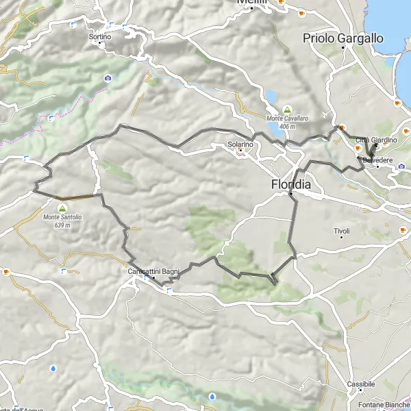 Miniatura della mappa di ispirazione al ciclismo "Giro del Margine Sud della Sicilia" nella regione di Sicilia, Italy. Generata da Tarmacs.app, pianificatore di rotte ciclistiche