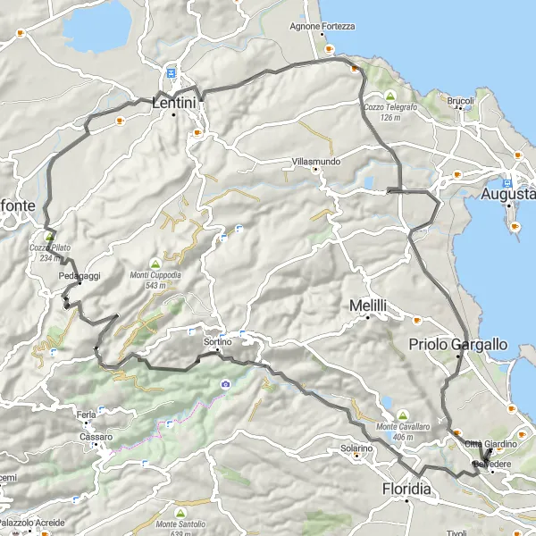 Miniatura della mappa di ispirazione al ciclismo "Giro Panoramico della Valle dell'Anapo" nella regione di Sicilia, Italy. Generata da Tarmacs.app, pianificatore di rotte ciclistiche