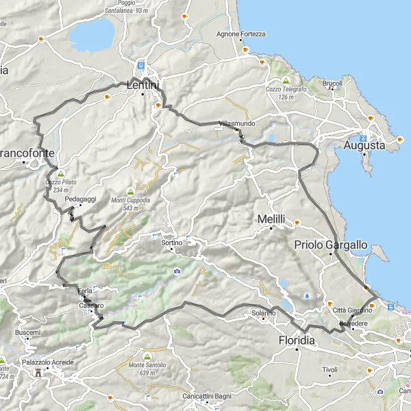 Map miniature of "Sicilian Coastal Road Adventure" cycling inspiration in Sicilia, Italy. Generated by Tarmacs.app cycling route planner