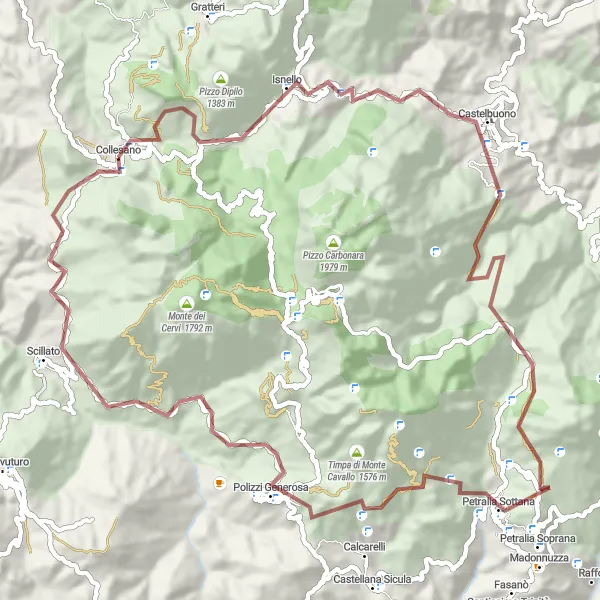 Miniatura della mappa di ispirazione al ciclismo "Giro in Gravel attraverso le Montagne Siciliane" nella regione di Sicilia, Italy. Generata da Tarmacs.app, pianificatore di rotte ciclistiche